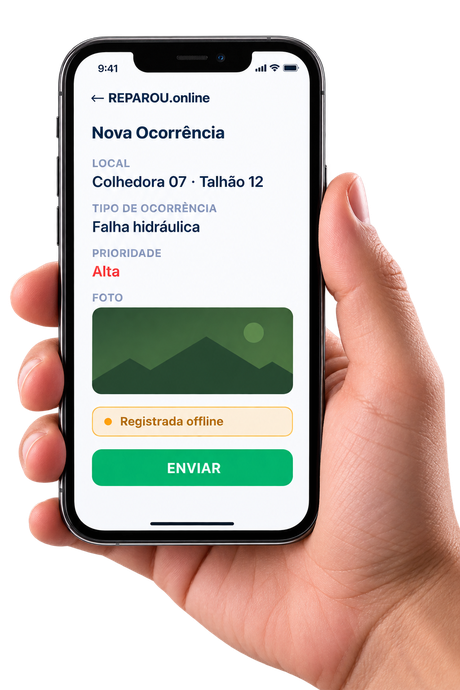 Mão segurando um celular com a tela de Nova Ocorrência do REPAROU.online